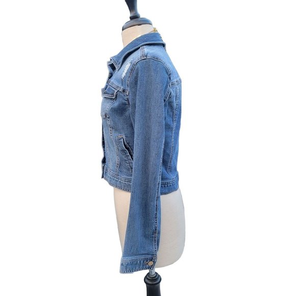 Celebrity Pink Distressed Denim Jacket Button Up Rollable Sleeve Womans Small - Picture 4 of 13